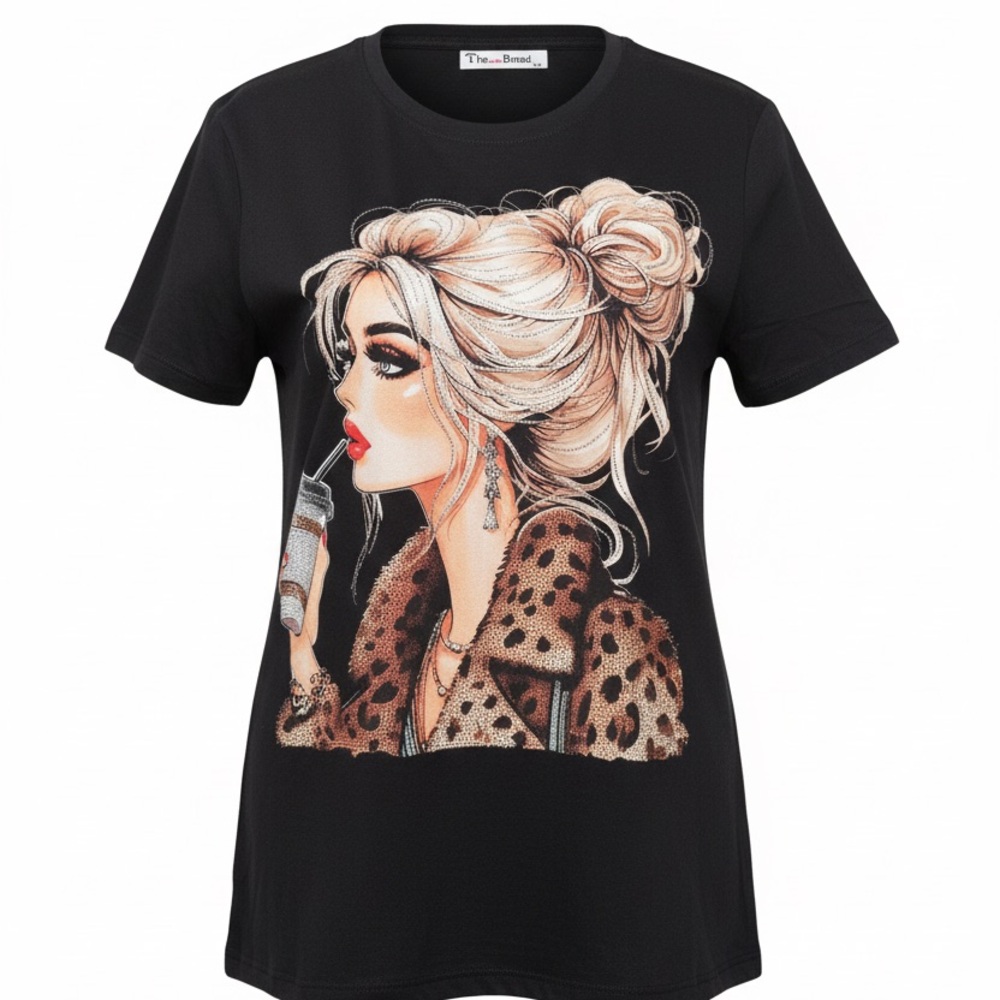 Chic Black Graphic T-Shirt with Fashion Illustration bougie women’s small medium